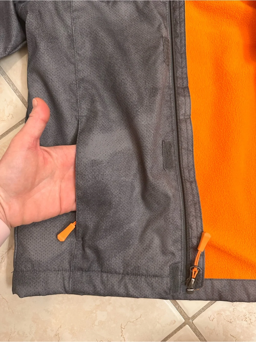 Kids Hooded Raincoat in Charcoal with Orange Lining